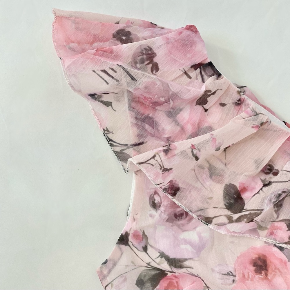 NWOT Pink Floral One Shoulder Ruffle Trim High Waist Flared Mini Dress XS - Picture 6 of 15